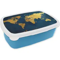 MuchoWow Broodtrommel Blauw - Lunchbox Wereldkaart - Goud - Donkerblauw - Brooddoos 18x12x6 cm - Brood lunch box - Broodtrommels voor kinderen en volwassenen