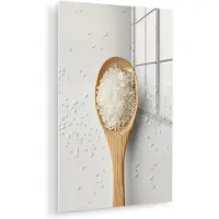 MuchoWow Glasschilderij 120x180 cm - Schilderij acrylglas - Hout - Lepel - Rijst - Foto op glas - Muurdecoratie woonkamer - Wanddecoratie slaapkamer - Schilderijen