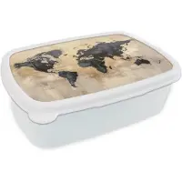MuchoWow Broodtrommel Wit - Lunchbox Wereldkaart - Goud - Zwart - Abstract - Brooddoos 18x12x6 cm - Brood lunch box - Broodtrommels voor kinderen en volwassenen