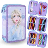 Sarcia.eu DISNEY Frozen Blauw potloodetui met drie vakken en accessoires - 43 elementen, 3 sloten 12,5x19,5x6,5 cm