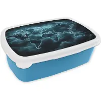 MuchoWow Broodtrommel Blauw - Lunchbox Wereldkaart - Bliksem - Blauw - Brooddoos 18x12x6 cm - Brood lunch box - Broodtrommels voor kinderen en volwassenen