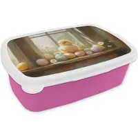MuchoWow Broodtrommel Roze - Lunchbox Kuiken - Raam - Paaseieren - Brooddoos 18x12x6 cm - Brood lunch box - Broodtrommels voor kinderen en volwassenen