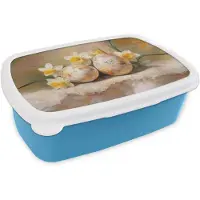 MuchoWow Broodtrommel Blauw - Lunchbox Bloemen - Eieren - Geschilderd - Brooddoos 18x12x6 cm - Brood lunch box - Broodtrommels voor kinderen en volwassenen