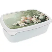 MuchoWow Broodtrommel Wit - Lunchbox Paaseieren - Pasteltinten - Bloemen - Brooddoos 18x12x6 cm - Brood lunch box - Broodtrommels voor kinderen en volwassenen