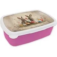 MuchoWow Broodtrommel Roze - Lunchbox Konijnen - Bloemen - Eieren - Brooddoos 18x12x6 cm - Brood lunch box - Broodtrommels voor kinderen en volwassenen