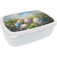 MuchoWow Broodtrommel Wit - Lunchbox Grasveld - Eieren - Bloemen - Brooddoos 18x12x6 cm - Brood lunch box - Broodtrommels voor kinderen en volwassenen