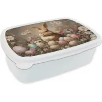 MuchoWow Broodtrommel Wit - Lunchbox Paashaas - Lente - Paaseieren - Brooddoos 18x12x6 cm - Brood lunch box - Broodtrommels voor kinderen en volwassenen
