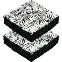 Stof Textile Vloerkussen Leaves - 2x - zwart/wit - katoen - 45 x 45 x 10 cm - vierkant - Extra dik - extra zitplaatsen - spelen - gamen - relaxen