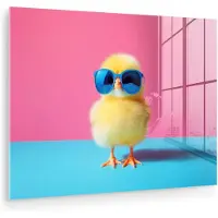 MuchoWow Glasschilderij 160x120 cm - Schilderij acrylglas - Kuiken - Zonnebril - Blauw - Foto op glas - Muurdecoratie woonkamer - Wanddecoratie slaapkamer - Schilderijen