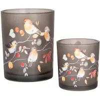 Clayre & Eef Theelichthouder Set van 2 Ø 7x8 / 10x13 cm Grijs Glas Vogels op Takken