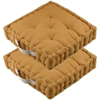 Stof Textile Vloerkussen DUO - 2x - mosterdgeel - katoen - 45 x 45 x 10 cm - vierkant - Extra dik - extra zitplaatsen - spelen - gamen - relaxen