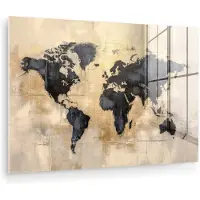 MuchoWow Glasschilderij 180x120 cm - Schilderij acrylglas - Wereldkaart - Goud - Zwart - Abstract - Foto op glas - Muurdecoratie woonkamer - Wanddecoratie slaapkamer - Schilderijen