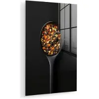 MuchoWow Glasschilderij 120x180 cm - Schilderij acrylglas - Kruiden - Zwart - Lepel - Foto op glas - Muurdecoratie woonkamer - Wanddecoratie slaapkamer - Schilderijen