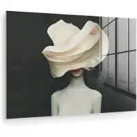 MuchoWow Glasschilderij 180x120 cm - Schilderij acrylglas - Vrouw - Beige - hoed - Foto op glas - Muurdecoratie woonkamer - Wanddecoratie slaapkamer - Schilderijen