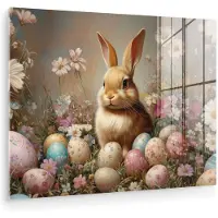 MuchoWow Glasschilderij 160x120 cm - Schilderij acrylglas - Paashaas - Lente - Paaseieren - Foto op glas - Muurdecoratie woonkamer - Wanddecoratie slaapkamer - Schilderijen