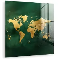 MuchoWow Glasschilderij 50x50 cm - Schilderij acrylglas - Wereldkaart - Groen - Goud - Foto op glas - Muurdecoratie woonkamer - Wanddecoratie slaapkamer - Schilderijen