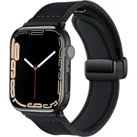 Strap-it PU lederen bandje met magnetische D-buckle sluiting - geschikt voor Apple Watch Series 1/2/3/4/5/6/7/8/9/10/11/SE/SE2/SE3 - Bandje PU leer voor iWatch maat: 38 / 40 / 41 / 42mm - zwart
