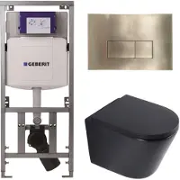 Geberit QeramiQ Dely Toiletset - 36.3x51.7cm - diepspoel - rimless - UP320 inbouwreservoir - softclose toilet zitting - 35mm - geborsteld messing bedieningsplaat - rechthoekige knoppen - mat zwart