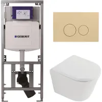 Geberit QeramiQ Dely Toiletset - 36.3x51.7cm - diepspoel - rimless - UP320 inbouwreservoir - softclose toilet zitting - 35mm - bedieningsplaat beige - ronde knoppen - mat wit