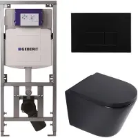 Geberit QeramiQ Dely Toiletset - 36.3x51.7cm - diepspoel - rimless - UP320 inbouwreservoir - softclose toilet zitting 35 mm - kunstof mat zwarte bedieningsplaat - rechthoekige knoppen - mat zwart