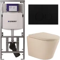 Geberit QeramiQ Dely Toiletset - 36.3x51.7cm - diepspoel - rimless - UP320 inbouwreservoir - softclose toilet zitting - 35mm - metaal mat zwarte bedieningsplaat - ronde knoppen - mat beige