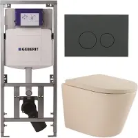 Geberit QeramiQ Dely Toiletset - 36.3x51.7cm - diepspoel - rimless - UP320 inbouwreservoir - softclose toilet zitting - 35mm - bedieningsplaat mat antraciet - ronde knoppen - mat beige