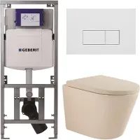 Geberit QeramiQ Dely Toiletset - 36.3x51.7cm - diepspoel - rimless - UP320 inbouwreservoir - softclose toilet zitting - 35mm - mat witte bedieningsplaat - rechthoekige knoppen - mat beige