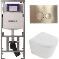 Geberit QeramiQ Dely Toiletset - 36.3x51.7cm - diepspoel - rimless - UP320 inbouwreservoir - softclose toilet zitting - 35mm - geborsteld messing bedieningsplaat - ronde knoppen - mat wit