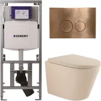 Geberit QeramiQ Dely Toiletset - 36.3x51.7cm - diepspoel - rimless - UP320 inbouwreservoir - softclose toilet zitting 35 mm - koperen bedieningsplaat - ronde knoppen - mat beige