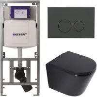 Geberit QeramiQ Dely Toiletset - 36.3x51.7cm - diepspoel - rimless - UP320 inbouwreservoir - softclose toilet zitting - 35mm - bedieningsplaat mat antraciet - ronde knoppen - mat zwart
