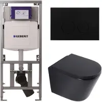 Geberit QeramiQ Dely Toiletset - 36.3x51.7cm - diepspoel - rimless - UP320 inbouwreservoir - softclose toilet zitting - 35mm - metaal mat zwarte bedieningsplaat - ronde knoppen - mat zwart