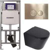 Geberit QeramiQ Dely Toiletset - 36.3x51.7cm - diepspoel - rimless - UP320 inbouwreservoir - softclose toilet zitting - 35mm - geborsteld messing bedieningsplaat - ronde knoppen - mat zwart