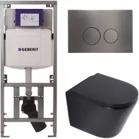 Geberit QeramiQ Dely Toiletset - 36.3x51.7cm - diepspoel - rimless - UP320 inbouwreservoir - softclose toilet zitting 35 mm - gunmetal bedieningsplaat - ronde knoppen - mat zwart