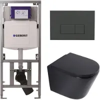 Geberit QeramiQ Dely Toiletset - 36.3x51.7cm - diepspoel - rimless - UP320 inbouwreservoir - softclose toilet zitting 35 mm - bedieningsplaat antraciet mat - rechthoekige knoppen - mat zwart