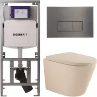 Geberit QeramiQ Dely Toiletset - 36.3x51.7cm - diepspoel - rimless - UP320 inbouwreservoir - softclose toilet zitting - 35mm - gunmetal bedieningsplaat - rechthoekige knoppen - mat beige
