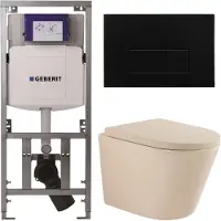 Geberit QeramiQ Dely Toiletset - 36.3x51.7cm - diepspoel - rimless - UP320 inbouwreservoir - softclose toilet zitting - 35mm - metaal mat zwart bedieningsplaat - rechthoekige knoppen - mat beige
