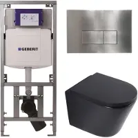 Geberit QeramiQ Dely Toiletset - 36.3x51.7cm - diepspoel - rimless - UP320 inbouwreservoir - softclose toilet zitting - 35mm - steel bedieningsplaat - rechthoekige knoppen - mat zwart