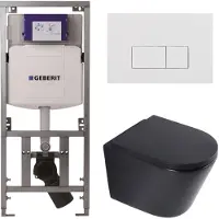 Geberit QeramiQ Dely Toiletset - 36.3x51.7cm - diepspoel - rimless - UP320 inbouwreservoir - softclose toilet zitting - 35mm - glans witte bedieningsplaat - rechthoekige knoppen - mat zwart