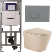 Geberit QeramiQ Dely Toiletset - 36.3x51.7cm - diepspoel - rimless - UP320 inbouwreservoir - softclose toilet zitting - 35mm - bedieningsplaat licht grijs - ronde knoppen - mat beige (wit)