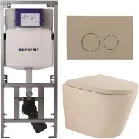 Geberit QeramiQ Dely Toiletset - 36.3x51.7cm - diepspoel - rimless - UP320 inbouwreservoir - softclose toilet zitting 35 mm - bedieningsplaat taupe - ronde knoppen - mat beige