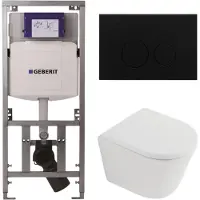 Geberit QeramiQ Dely Toiletset - 36.3x51.7cm - diepspoel - rimless - UP320 inbouwreservoir - softclose toilet zitting - 35mm - metaal mat zwarte bedieningsplaat - ronde knoppen - mat wit