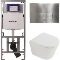 Geberit QeramiQ Dely Toiletset - 36.3x51.7cm - diepspoel - rimless - UP320 inbouwreservoir - softclose toilet zitting 35 mm - steel bedieningsplaat - rechthoekige knoppen - mat wit