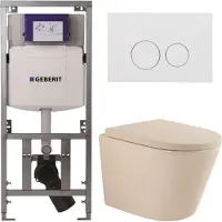 Geberit QeramiQ Dely Toiletset - 36.3x51.7cm - diepspoel - rimless - UP320 inbouwreservoir - softclose toilet zitting 35 mm - glans witte bedieningsplaat - ronde knoppen - mat beige