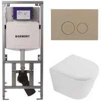 Geberit QeramiQ Dely Toiletset - 36.3x51.7cm - diepspoel - rimless - UP320 inbouwreservoir - softclose toilet zitting - 35mm - bedieningsplaat taupe - ronde knoppen - mat wit