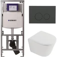 Geberit QeramiQ Dely Toiletset - 36.3x51.7cm - diepspoel - rimless - UP320 inbouwreservoir - softclose toilet zitting - 35mm - bedieningsplaat mat antraciet - ronde knoppen - mat wit