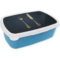 MuchoWow Broodtrommel Blauw - Lunchbox Bestek - Donkerblauw - Goud - Brooddoos 18x12x6 cm - Brood lunch box - Broodtrommels voor kinderen en volwassenen