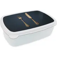 MuchoWow Broodtrommel Wit - Lunchbox Bestek - Donkerblauw - Goud - Brooddoos 18x12x6 cm - Brood lunch box - Broodtrommels voor kinderen en volwassenen