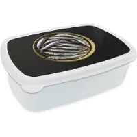 MuchoWow Broodtrommel Wit - Lunchbox Sardines - Vissen - Rond - Zwart - Brooddoos 18x12x6 cm - Brood lunch box - Broodtrommels voor kinderen en volwassenen