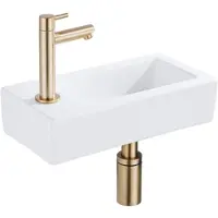 Qeramiq Fuente Fonteinset - 37.5x18.5x9cm - keramiek - kraangat links - fonteinkraan geborsteld messing - afvoerplug - verlaagd sifon - Mat wit SW1122450/SW696208/SW696218/SW696238