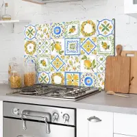 Crearreda – Keuken achterwand – Spatscherm - Kookplaat Paneel Keuken Spatbescherming - Aluminium Metaal – Hand getekende Citroenen en blauwe print textuur - 48 x 72 cm (HxL)